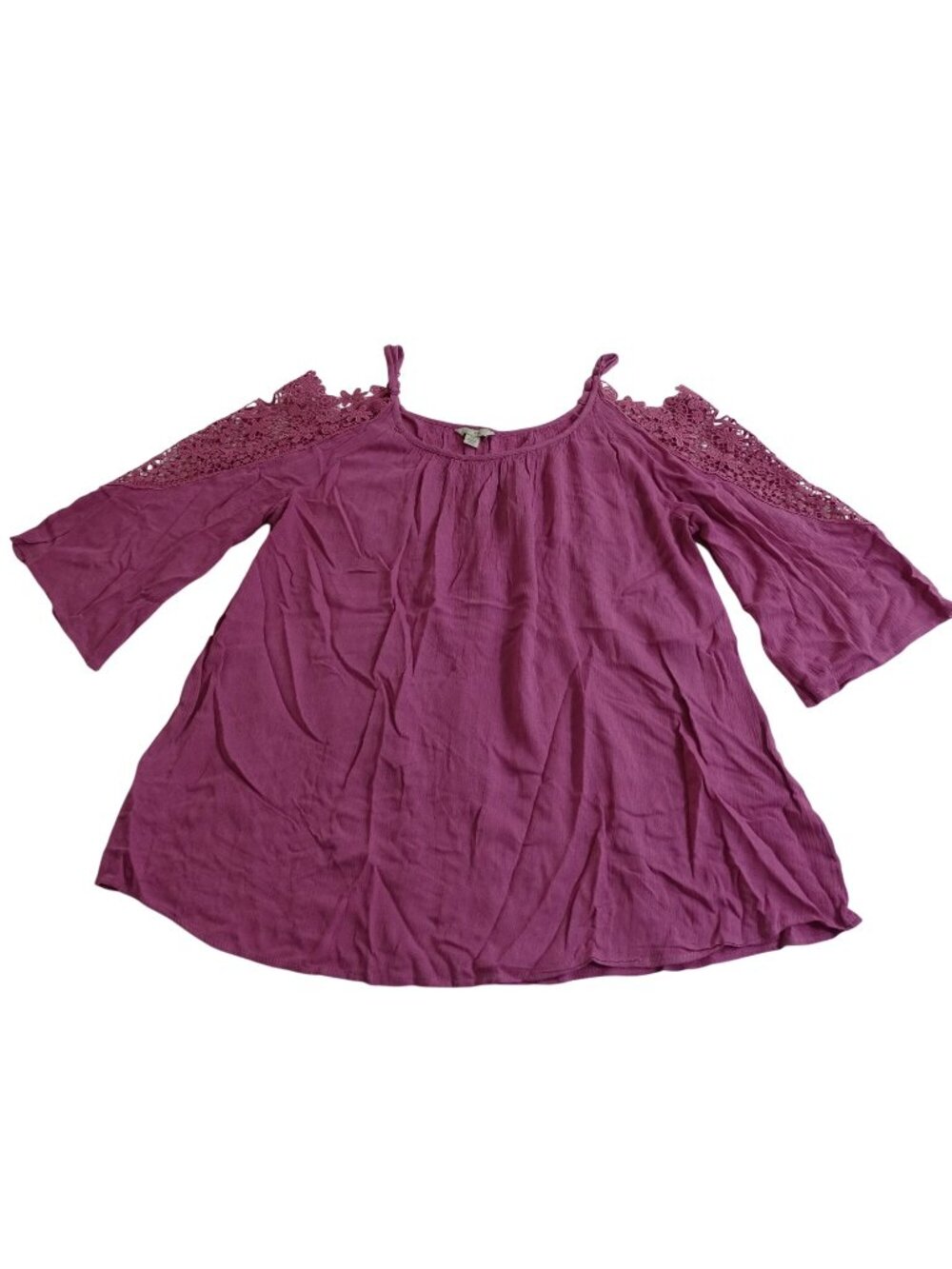 Cato Pink Cold Shoulder Crinkle Top Shirt Women Size M Crochet Accent 3/4 Sleeve